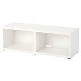 A white BESTÅ tv bench with open compartments, perfect for storage and display.