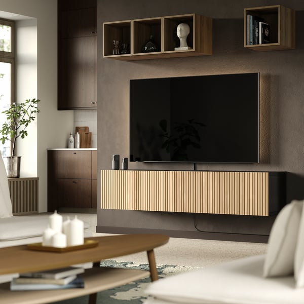 BESTÅ TV bench with doors, black-brown Björköviken/oak veneer, 180x42x38 cm