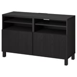 Black BESTÅ tv stand with two shelves, two cabinets, sleek design, adjustable shelves.