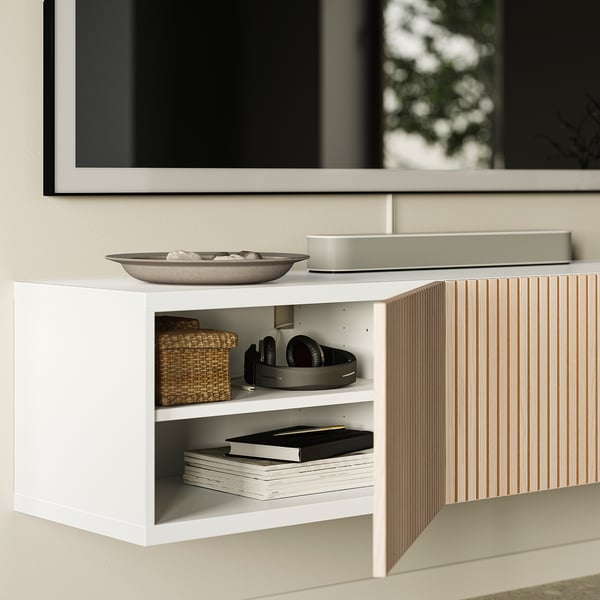 BESTÅ TV bench with doors, white/Björköviken ash veneer, 180x42x38 cm