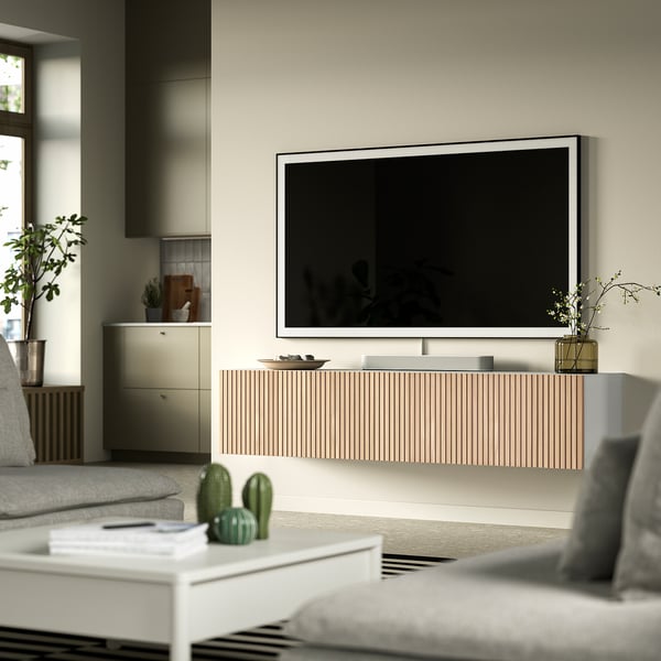 BESTÅ TV bench with doors, white Björköviken/oak veneer, 180x42x38 cm