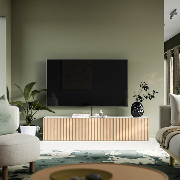 BESTÅ TV bench with doors, white Björköviken/oak veneer, 180x42x38 cm