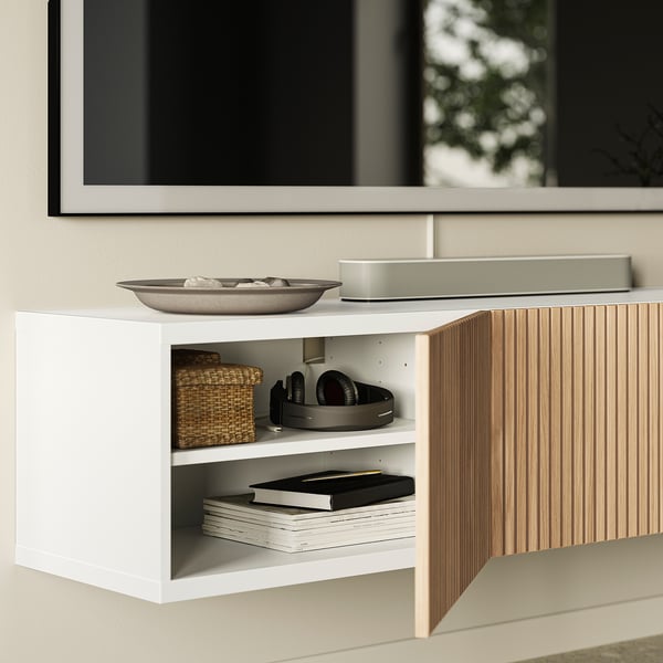 BESTÅ TV bench with doors, white Björköviken/oak veneer, 180x42x38 cm