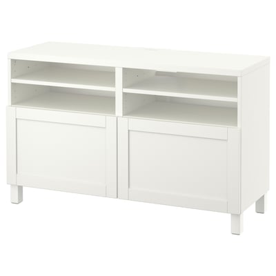 White BESTÅ tv stand, modern & practical, open & closed storage, adjustable shelves, soft-close doors.