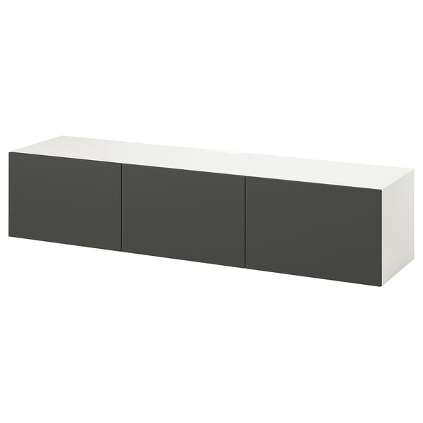Ikea BESTÅ white & gray tv bench with 3 gray doors, rectangular shape, modern design.