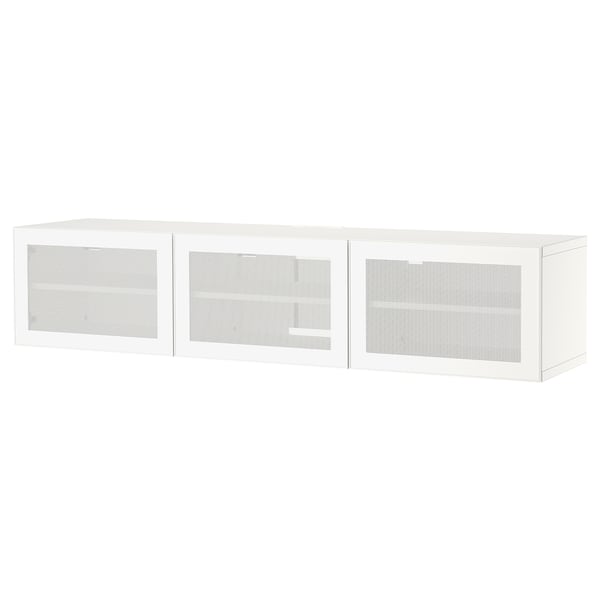 White BESTÅ tv bench with three sections, featuring mesh doors and adjustable shelves. Modern, minimalist design for organized storage.