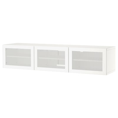 White BESTÅ tv bench with three sections, featuring mesh doors and adjustable shelves. Modern, minimalist design for organized storage.