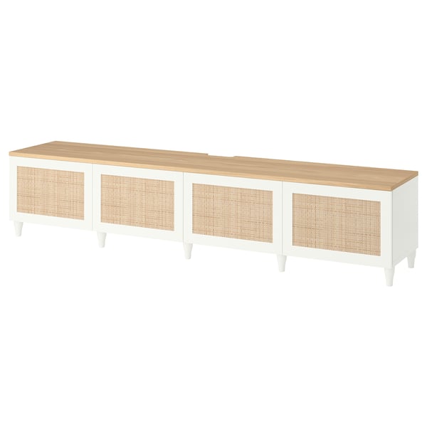 BESTÅ TV bench with doors, white/Studsviken/Kabbarp woven poplar, 240x42x50 cm