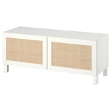 White BESTÅ tv unit with woven doors, square legs, modern clean design.