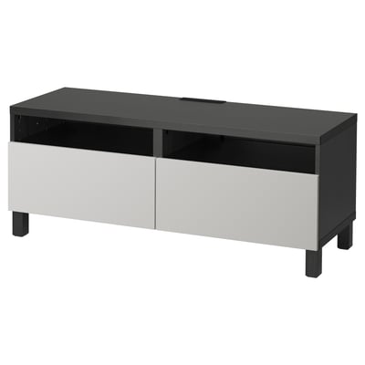 Black & white BESTÅ tv bench with 2 drawers and open shelf for storage and cable management.
