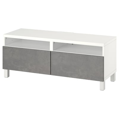 White and grey BESTÅ tv stand with two open shelves and two drawers. Modern minimalist design.