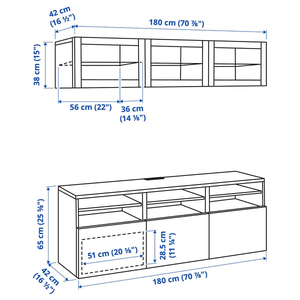 Illustration with measurements for the product: BESTÅ.