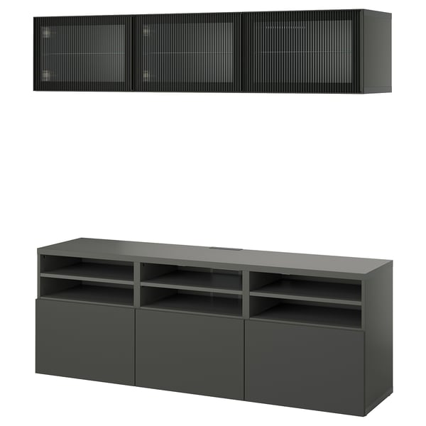 Modern black tv unit & wall cabinet set. BESTÅ by IKEA. Sleek, rectangular design with open & closed storage, glass doors.