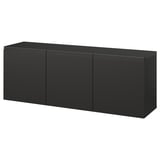 Black modular storage cabinet, wall-mounted, sleek design with flat doors. Made from particleboard and metal hardware for sturdy storage.