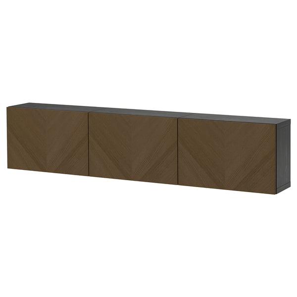 BESTÅ Wall-mounted cabinet combination, black-brown Hedeviken/brown stained oak veneer, 180x22x38 cm