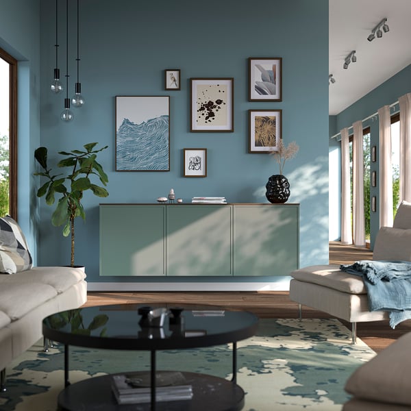BESTÅ Wall-mounted cabinet combination, black-brown Krukmakare/dark grey-green walnut effect, 180x42x65 cm