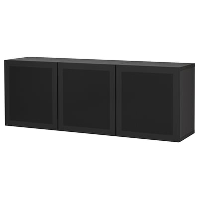 Black modern cabinet with 3 mesh doors, rectangular shape, for storage.