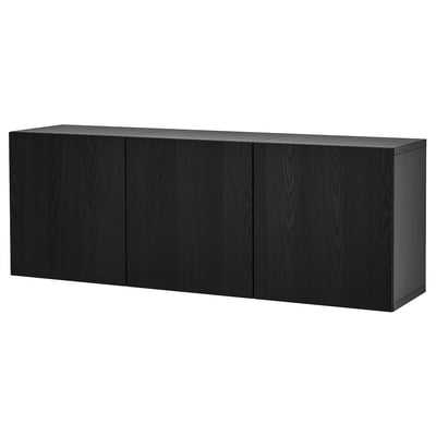 Black BESTÅ wall-mounted cabinet set, sleek design with four dark wood doors.