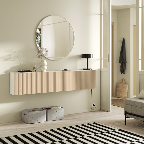 BESTÅ Wall-mounted cabinet combination, white/Björköviken ash veneer, 180x22x38 cm