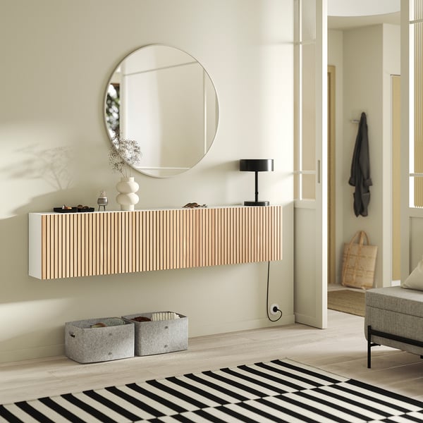 BESTÅ Wall-mounted cabinet combination, white/Björköviken oak veneer, 180x22x38 cm
