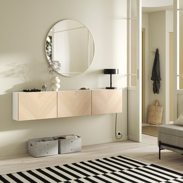 BESTÅ Wall-mounted cabinet combination, white/Hedeviken ash veneer, 180x22x38 cm