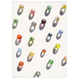 Colorful marbles inside transparent ovoids on white background; artistic print.