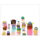 Colorful monster art print with seven diverse creatures on white background.