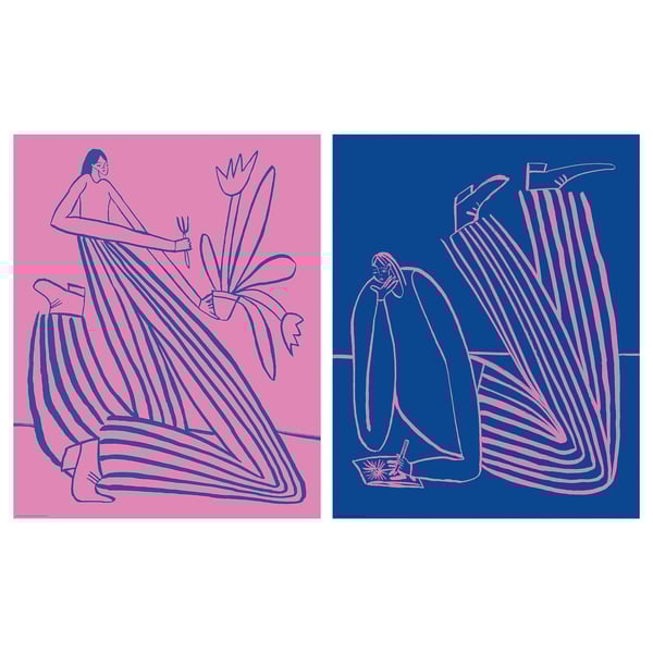 Two colorful line art drawings: woman with plants & abstract hands.