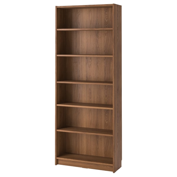BILLY bookcase, brown, wooden, rectangular, five-shelf unit, simple design.
