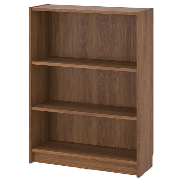BILLY bookcase, brown, wooden, rectangular, three shelves, minimalist design.