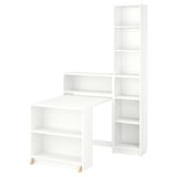 A white BILLY bookshelf with a foldable table. The minimalist design includes open shelves for storage and display.