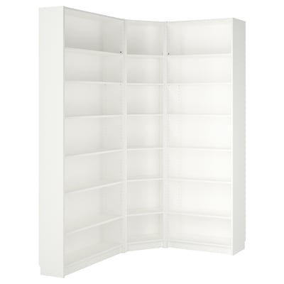 White BILLY corner bookcase, 6 shelves, minimalist design, particleboard, maximizes corner space.