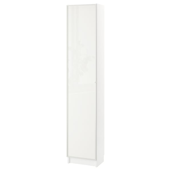 A white BILLY bookcase with a glass door. The tall, rectangular shape adjustable shelves and a sleek, modern design.
