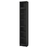 Tall, slim BILLY bookcase in black. Five open shelves, perfect for storage or displaying items. Modern design with a wood texture.