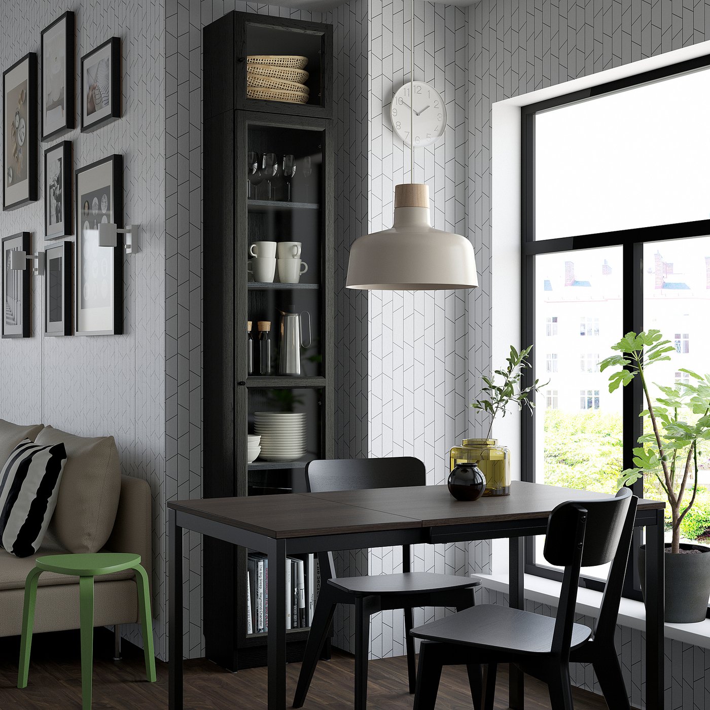 Modern dining area with BILLY bookcase, table, chairs, green stool, and large window.