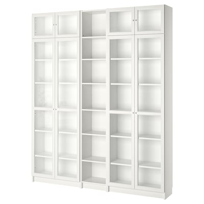 White BILLY bookcase with clear glass doors, adjustable shelves, and minimalist design.