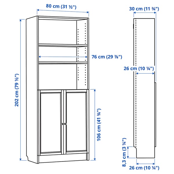 Illustration with measurements for the product: BILLY.