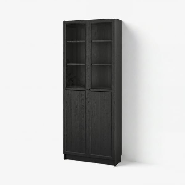 BILLY / OXBERG Bookcase with panel/glass doors, black oak effect, 80x30x202 cm