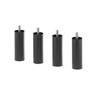 Four black cylindrical BJORLI legs, made of powder-coated steel, with metal screws on top, arranged in a line.