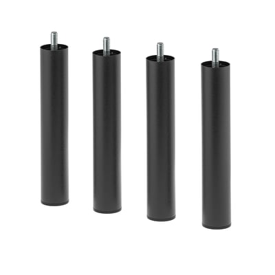 Four black metal rods with screws on top, arranged in a row against a white background.
