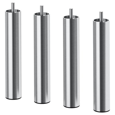 Four stainless steel BJORLI legs with adjustable screws, cylindrical shape, brushed finish. Ideal for furniture assembly.