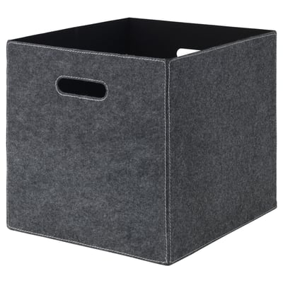 Square grey BLÄDDRA storage box with handles, made of recycled polyester.
