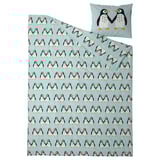 Baby blue duvet & pillowcase set with penguins, soft cotton & viscose, zipper closure.
