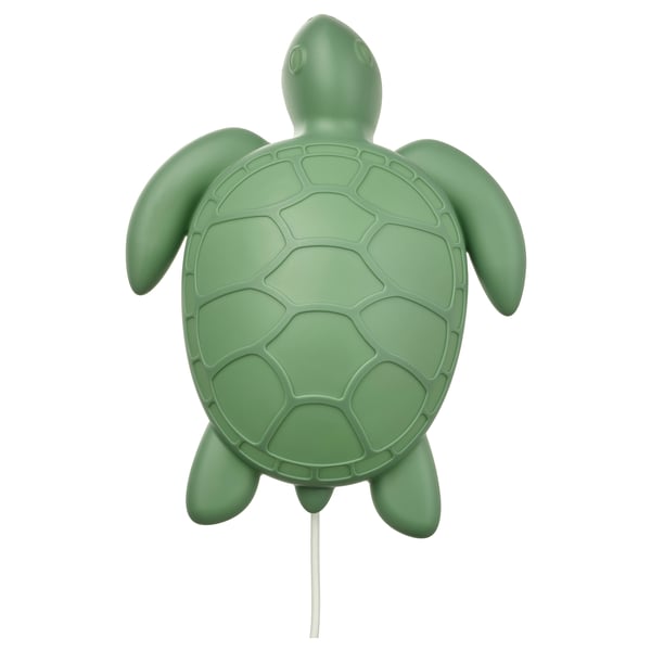 Green turtle-shaped kids wall lamp, made of recycled plastic.
