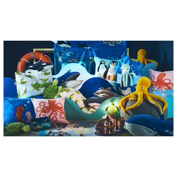 Octopus lamp, BLÅVINGAD, yellow, soft, 8-armed, cuddly, glow-in-dark head, recycle material.
