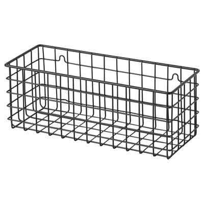 Black wire storage basket with grid pattern.