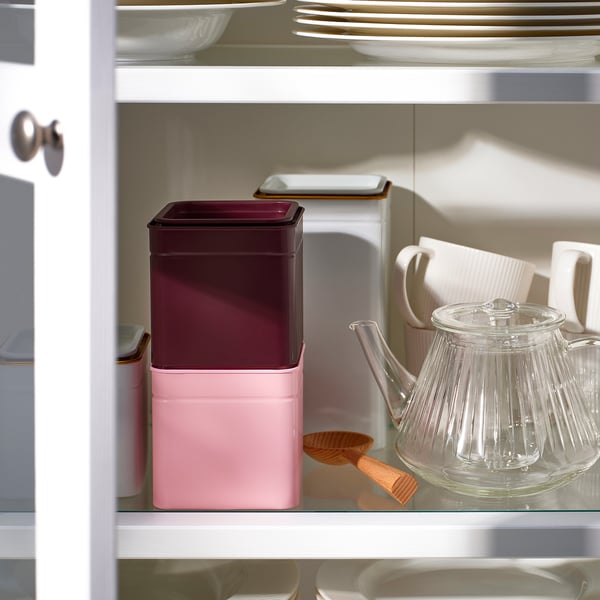 BLOMNING Tin with lid, brown-red/pink for coffee/tea, 10x10x10 cm