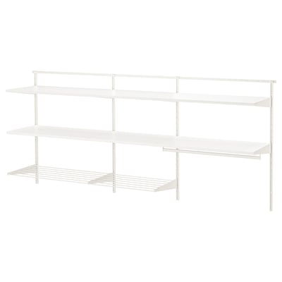 BOAXEL white wall shelf unit, simple & adjustable design. 4 shelves, 3 solid, 1 wire.