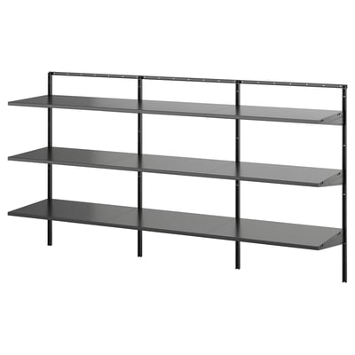 An empty BOAXEL shelf unit in black with three glass shelves and metal framing.