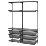 A black BOAXEL wall-mounted storage system with shelves and mesh baskets for organizing laundry.